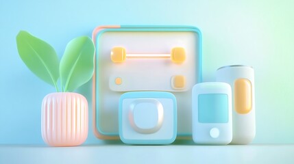 Poster - Pastel-colored 3D rendered objects, plant, and minimalist background.