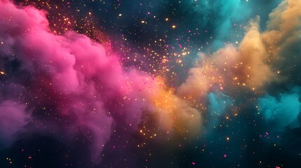 Poster - Explosion with Layers of Pink Gold and Teal in Dynamic Cascade of Smoke and Glowing Fragments