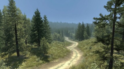 Wall Mural - A winding dirt path through a serene forest landscape under a clear blue sky.