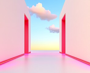 Canvas Print - Pink neon doors open to a pastel sky.