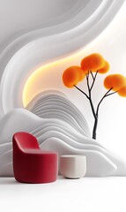 Poster - Red chair and side table in minimalist modern interior with stylized orange tree and wave-like walls.