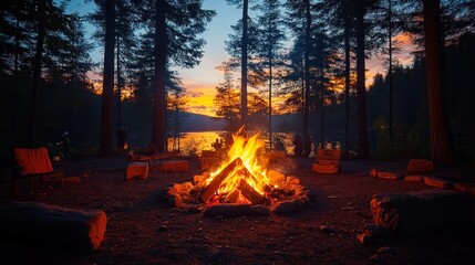 Canvas Print - Campfire at sunset by a lake in the woods.