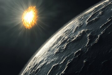 Wall Mural - A fiery sun illuminates a cratered, desolate planet in outer space.