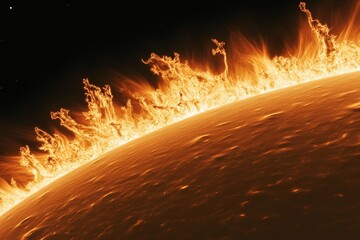 Wall Mural - Fiery sun's surface with prominent solar flares and prominences.
