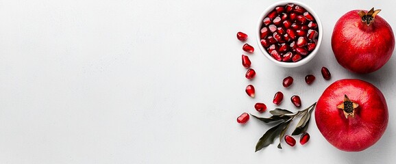 Wall Mural - Pomegranate seeds in bowl with whole pomegranates and leaves on white background.