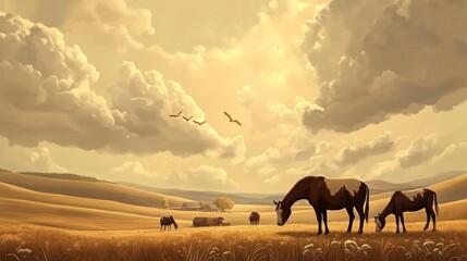 Wall Mural - Tranquil Farm Scene with Horses in Soft Light