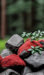 Sticker - Red substance on rocks, green plant, forest background.