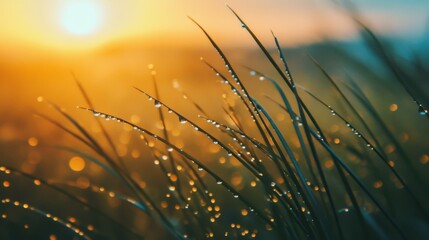  Close up of water droplets on blades of grass with blurred background