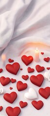 Canvas Print - Romantic hearts, candle, white fabric background.