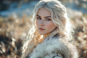 Blonde viking woman wearing fur is looking back in a field