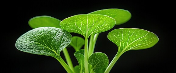 Wall Mural - Close-up of vibrant green bok choy sprouts against a black background.