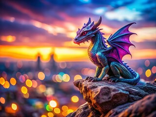 Wall Mural - Whimsical Dragon on Rock, Magical Twilight Bokeh, Fantasy Photography