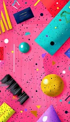 Poster - Vibrant coral backdrop adorned with playful geometric shapes for a fun visual experience