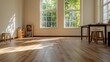 © good everyday - Sunlit room with hardwood floor, large windows, simple furniture, and bookshelf.