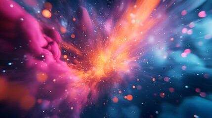 Poster - Vibrant Collision of Pink Orange and Blue in a Colorful Explosion Creating Intricate Trails of Glowing Particles and Smoke