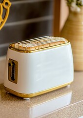 White and gold toaster with toasted bread on countertop.