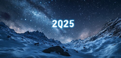 A,tranquil,snowy,mountain,landscape,beneath,sky,of,shimmering,stars,,numbers,2025,glowing,brightly.,