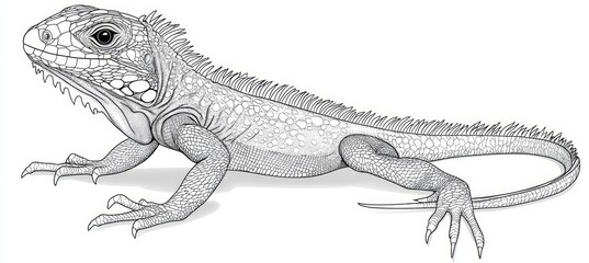 Wall Mural - Vector style black and white coloring page featuring an outline of a single iguana