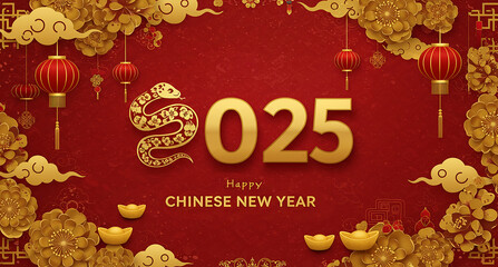 Happy Chinese new year 2025 background vector. Year of the snake design wallpaper with Chinese pattern, gold hanging lantern. Modern luxury oriental illustration for cover, banner, website, envelope.