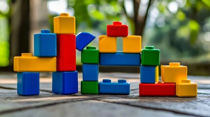 Poster - A tranquil block-building setup with colorful bricks arranged creatively, Playful construction style, photo of