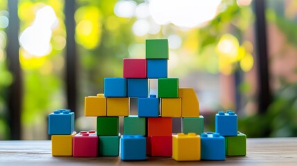 Poster - A tranquil block-building setup with colorful bricks arranged creatively, Playful construction style, photo of