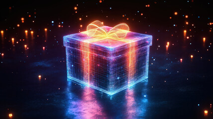Poster - Spinning holographic wireframe gift box in motion on a deep, mysterious background
