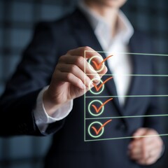 Poster - Businessman Online Survey Assessment: Checklist, Questionnaire, Smartphone, Exam, Quality Check