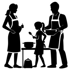 Wall Mural - Family cooking together silhouette on white background