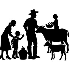 Wall Mural - Family feeding farm animals vector silhouette isolated on white background