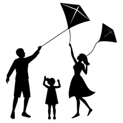 Wall Mural - Family flying kites silhouette illustration isolated on white background