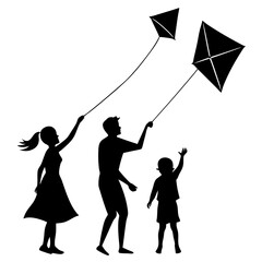 Wall Mural - Family flying kites silhouette vector isolated on white background