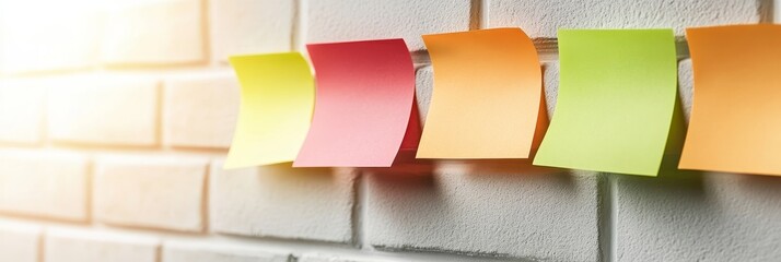 Poster - Colorful Sticky Notes on a White Brick Wall Perfect for Brainstorming and Marketing Campaigns