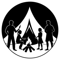 Wall Mural - Family around campfire silhouette vector on white background