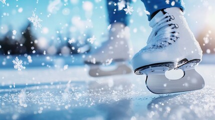 Wall Mural - A close-up of skates slicing through the ice, snowflakes scattering.