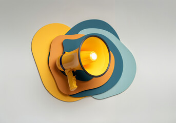Poster - Yellow megaphone is placed on a colorful abstract background, symbolizing communication and announcements
