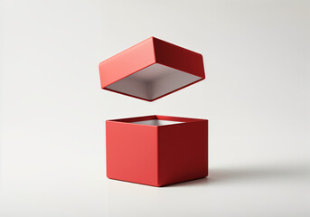 Wall Mural - Minimalist red open gift box with floating lid on white background, creating a sense of anticipation and surprise
