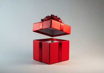 Wall Mural - red gift box with a ribbon is opening, revealing its empty interior on a minimalist white background