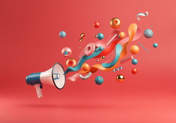 Poster - Megaphone emits a stream of vibrant, abstract shapes, symbolizing creative expression and the power of communication