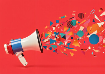Poster - Megaphone emitting colorful geometric shapes promoting creative communication and visual marketing