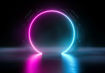 Wall Mural - Vibrant neon circle emitting pink and blue light in a dark room with a reflective floor