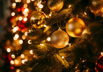 Wall Mural - Christmas tree decorated with golden balls and lights creating a magical christmas atmosphere