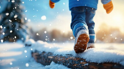 Wall Mural - A boy testing his balance while walking on a fallen log in the snow. -