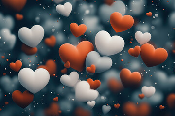 3d rendering of cute red and white hearts flying in the air on a dark background for a valentine's d