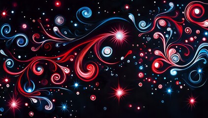 Poster - Abstract Swirls and Stars: Cosmic Dance of Red and Blue Hues