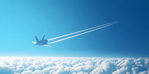 Wall Mural - Air plane flies in the blue sky above the clouds, leaving trail behind it. Illustration, vector