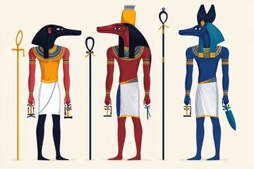 Poster - A 2D flat illustration of ancient Egyptian pharaohs and pyramids, using vibrant colors on a white background