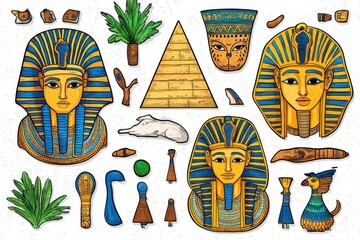 Poster - A 2D flat illustration of ancient Egyptian pharaohs and pyramids, using vibrant colors on a white background