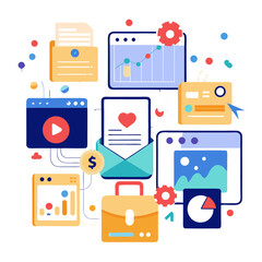 Poster - Abstract artboards showcase user interactions through colors and icons in a modern digital landscape filled with data and creativity