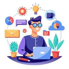 Poster - Creative designer engaged in virtual and augmented reality projects at a modern workspace with digital elements