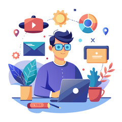 Aufkleber - Designer engaged in AR VR project with digital elements in a modern workspace